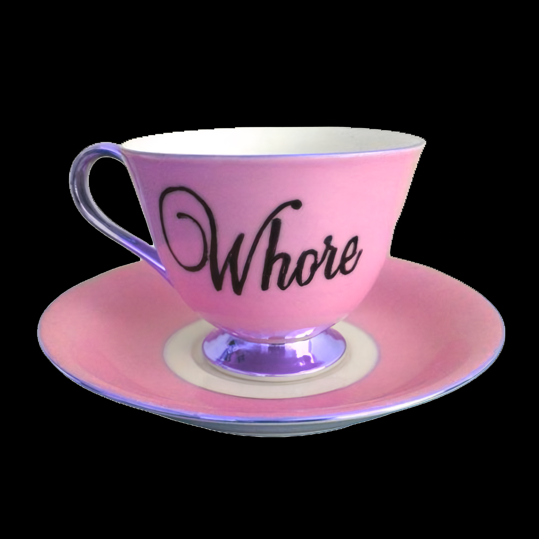 Damn it! Tasse en porcelaine rose vintage avec l'inscription provocante "Whore". Déco alternative et subversive par Weird Birdss.