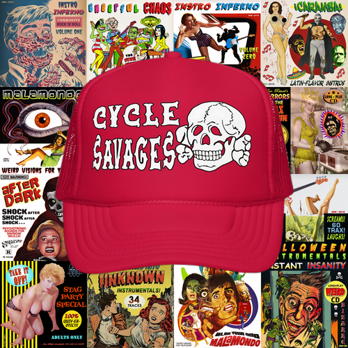 The Casquette "Cycle Savages" de Weird Birds by WEIRD BIRDSS is a red structured trucker hat with a white skull and CYCLE SAVAGES on the front, shown against a vibrant collage of vintage pulp magazine and exploitation movie covers.