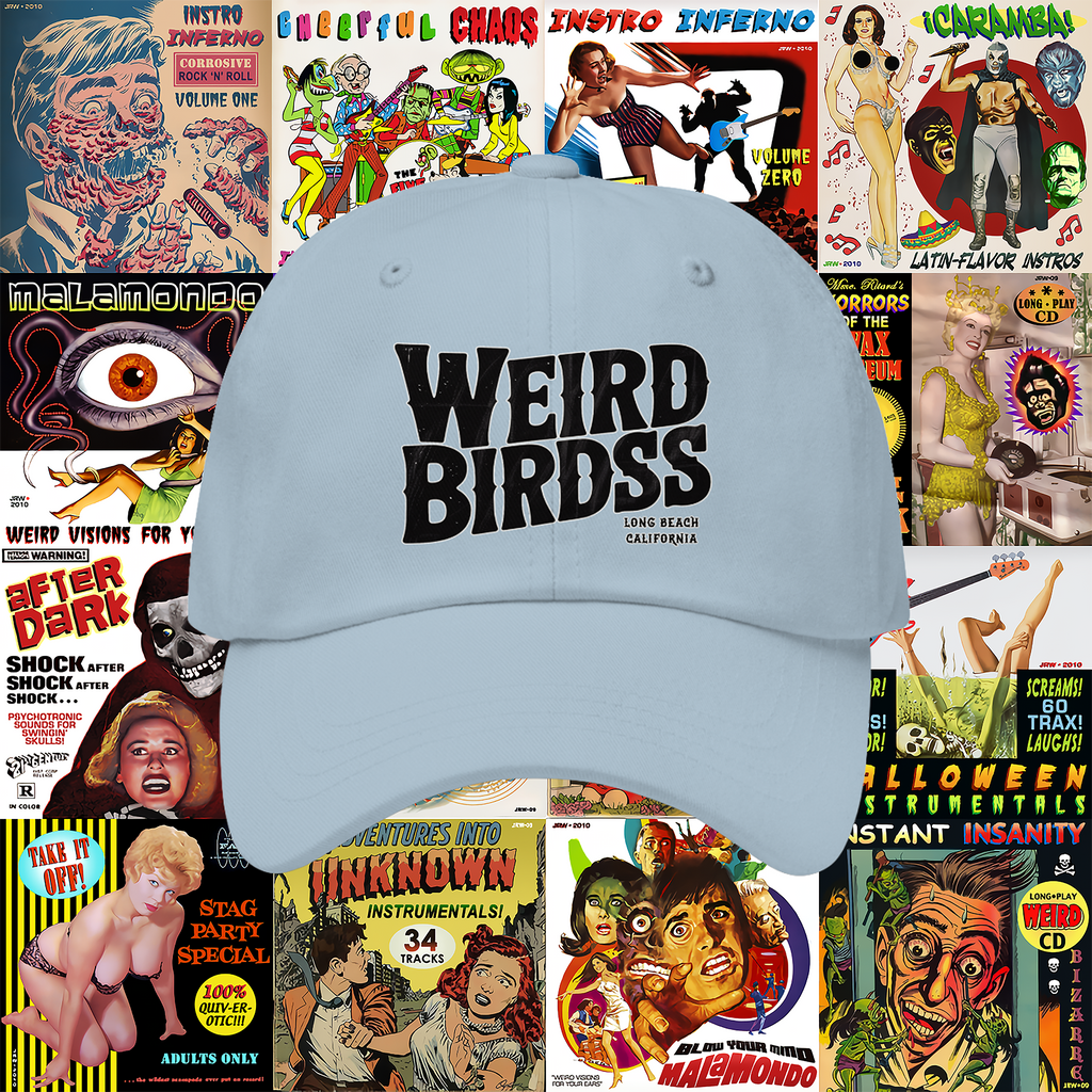 A light blue Casquette "OG frame" de Weird Birds by WEIRD BIRDSS, with Long Beach, California on the front, is centered over a collage of colorful vintage pulp magazine covers with dramatic art and bold text.