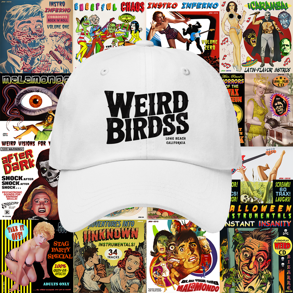 The Casquette "OG frame" de Weird Birds by WEIRD BIRDSS, featuring bold black text, is displayed in front of a vibrant collage of retro horror and pulp magazine covers with striking artwork and dramatic lettering.