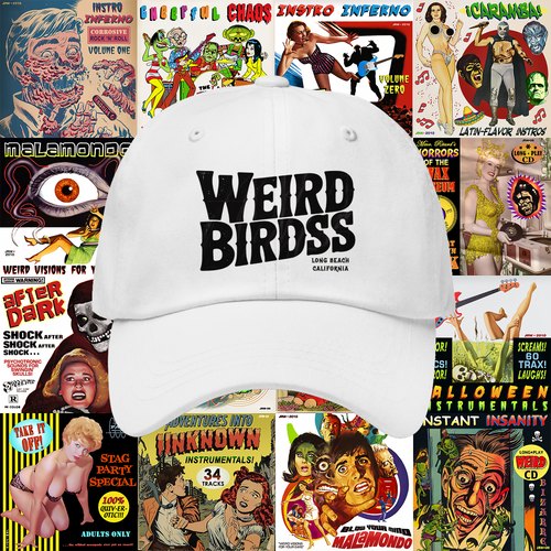 The Casquette "OG frame" de Weird Birds by WEIRD BIRDSS, featuring bold black text, is displayed in front of a vibrant collage of retro horror and pulp magazine covers with striking artwork and dramatic lettering.
