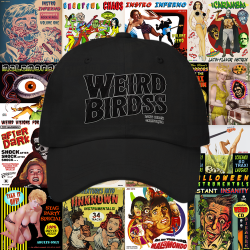 The Casquette "OG frame" de Weird Birds by WEIRD BIRDSS—black chino baseball cap with bold white lettering—is showcased against a vibrant backdrop of vintage horror, sci-fi, and exploitation movie posters. A must-have for Weird Birds enthusiasts!.