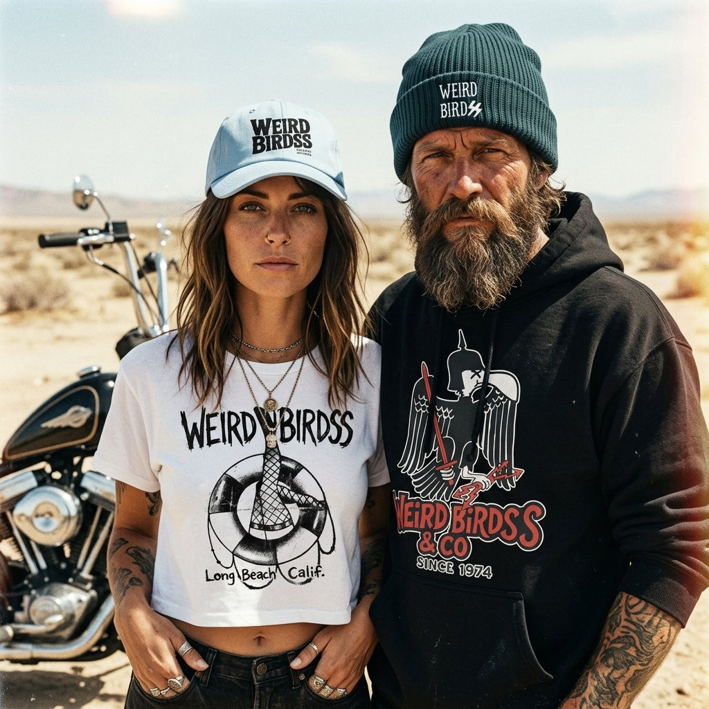 A woman and a man stand next to a motorcycle in the desert, wearing WEIRD BIRDSS shirts and Casquette "OG frame" de Weird Birds hats with graphic designs, looking seriously at the camera under a clear sky.