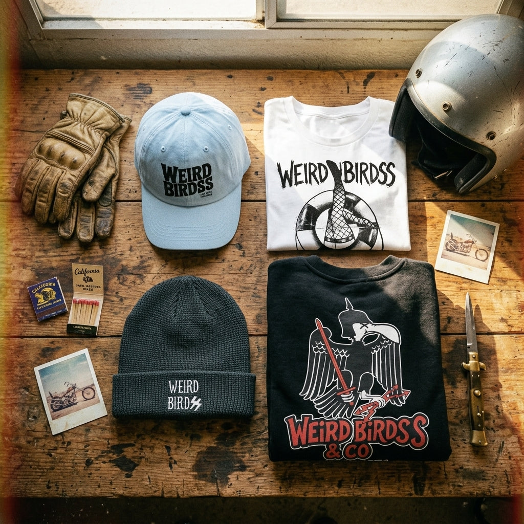 A flat lay of biker-themed items on a wooden table: gloves, helmet, Casquette "OG frame" de Weird Birds in Green Camo, white tee, gray beanie, black sweatshirt, matches, and folding knife—all by WEIRD BIRDSS.