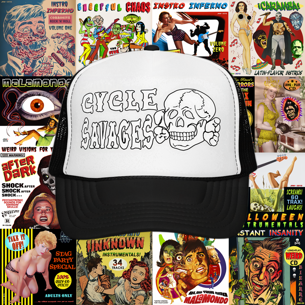 The Casquette "Cycle Savages" de Weird Birds by WEIRD BIRDSS, a black and white trucker hat with skull graphic, is displayed in front of a vibrant collage of vintage horror, exploitation, and comic book covers.
