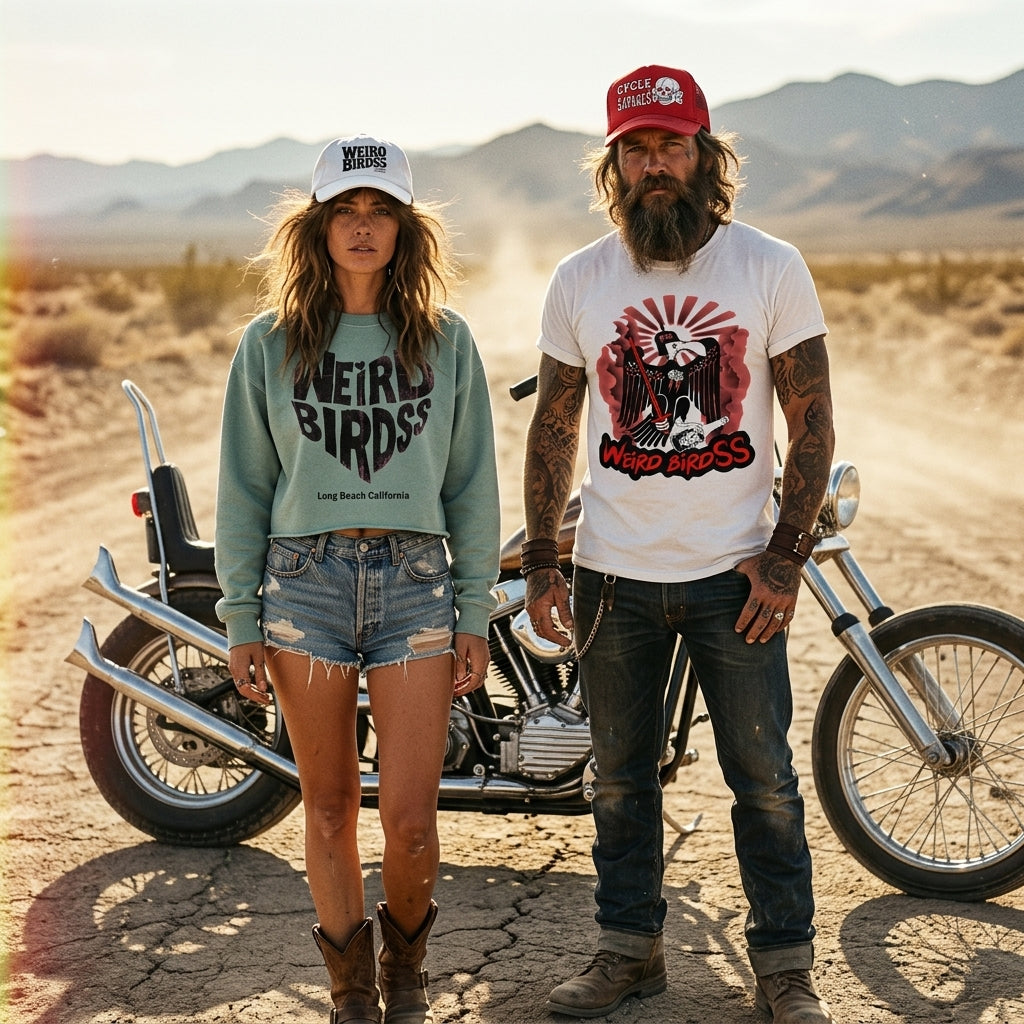 A woman and a bearded man stand by a motorcycle on a desert road, both in casual WEIRD BIRDSS clothing and Casquette "Cycle Savages" de Weird Birds hats. She wears denim shorts; he’s in jeans, with mountains visible in the background.